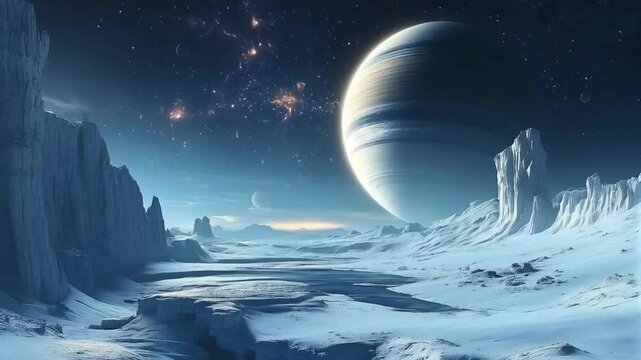 Futuristic alien landscape with a giant planet in the night sky and icy mountains in a serene environment
