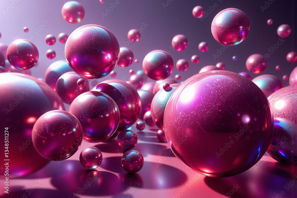 Poster shiny pink spheres of varying sizes float on a blurry purple background, creating a futuristic and a