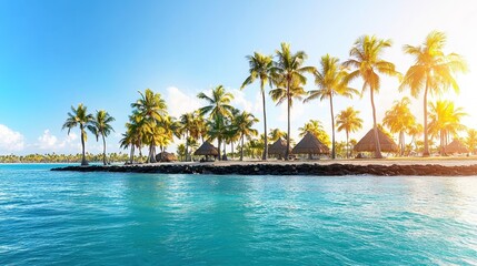 Naklejka premium Tropical Beach Scene with Palm Trees and Clear Blue Waters Under Bright Sunshine Landscape