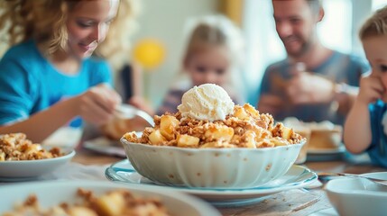 A family gathering around a table enjoying apple crisp with vanilla ice cream 