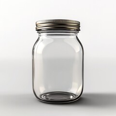 Empty glass jar with a metallic lid. Simple, clean design, perfect for storage or decoration.