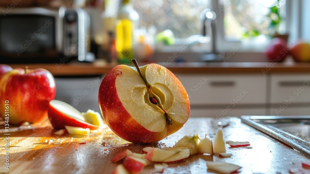 Poster a family kitchen where an apple core sits on a counter after being sliced.