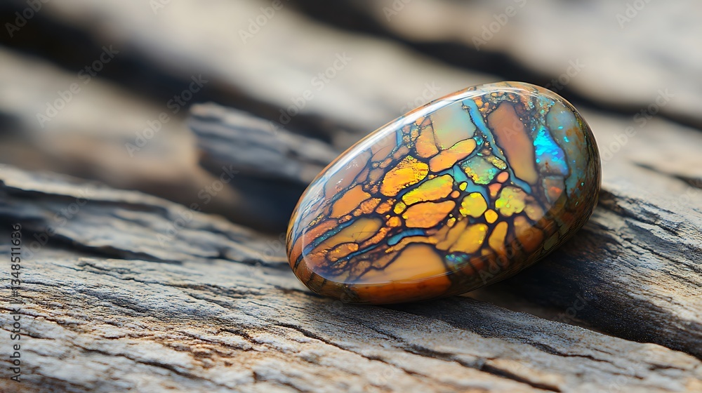Poster a detailed view of a colorful boulder opal, highlighting its unique patterns and vibrant colors