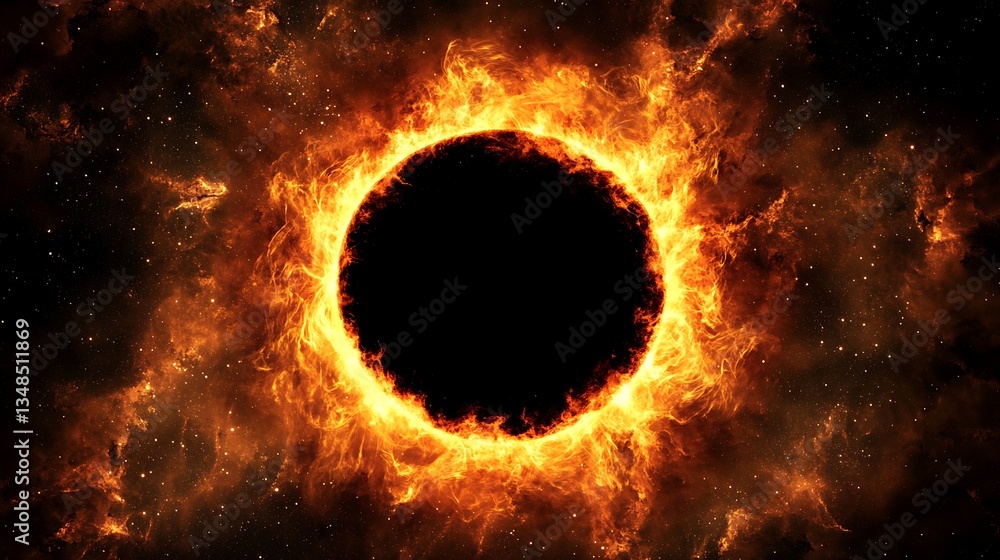 Poster a circular flame engulfs a dark void in outer space