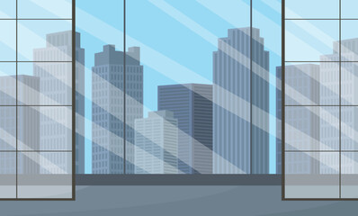 Open space interior with partitions and view of buildings. Commercial property for rent.