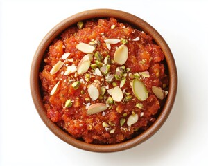 Wooden bowl filled with gajar halwa topped with nuts
