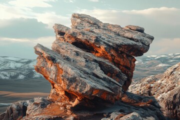 Twisting rock formation illuminated by sunset in a serene mountainous landscape