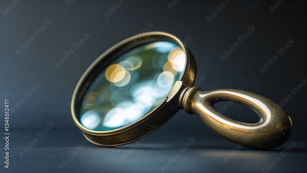 Poster magnifying glass resting on a dark table with a blurred background of light reflections