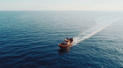 Obraz premium Small fishing boat navigating through calm blue ocean waters on a sunny day at sea