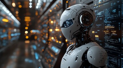 Futuristic Robot Analyzing Data in Server Room for Artificial Intelligence
