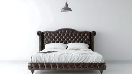 Luxury bed with tufted headboard, white bedding, lamp, and white wall in interior