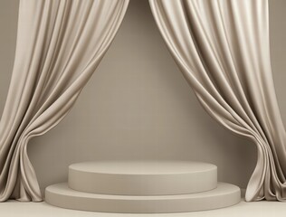 beige background with a minimal podium scene for product display. A clean, modern composition with soft lighting and a simple geometric design, ideal for presentations and branding visuals