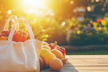 Organic Cotton Grocery Tote Filled with Fresh Produce in Sunlight