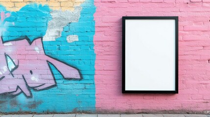 Blank billboard on colorful urban wall