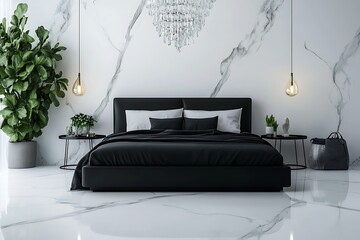 Modern luxury bedroom with black bed, marble wall, chandelier, and plant decor
