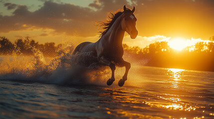 Majestic Horse Galloping Through Sunset Waves on Serene Beach Landscape