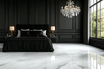 Elegant bedroom with black decor, chandelier, and view from large window