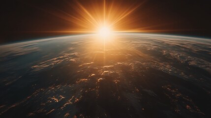 Obraz premium The bright sun rising above the clouds surrounding the planet earth