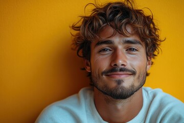 Fototapeta premium Cheerful young man in white sweatshirt on bold yellow background modern portrait mockup