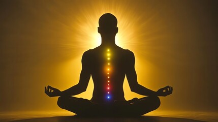 Man Meditating with Chakra Alignment Points in Lotus Position Silhouette