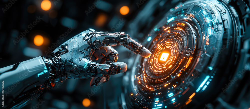 Poster a robot hand points towards a holographic display showcasing cyber security symbols. the intersectio