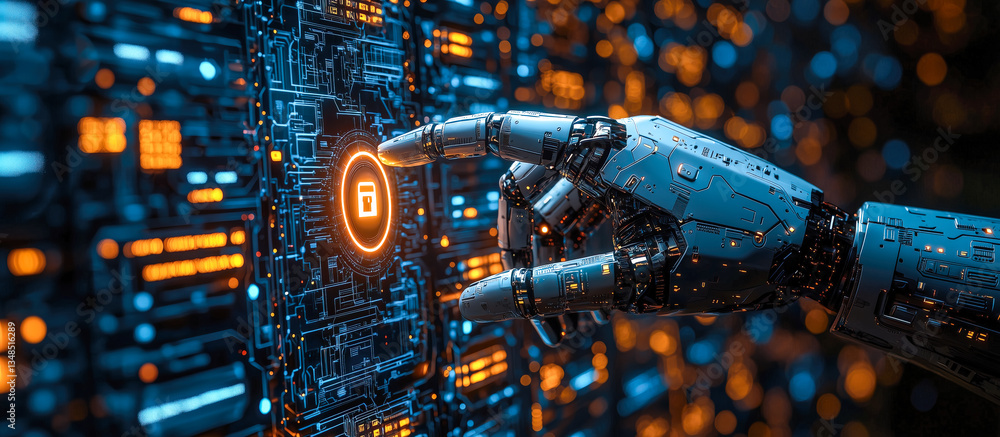Poster a robot hand points towards a holographic display showcasing cyber security symbols. the intersectio