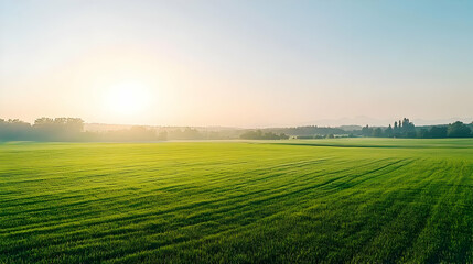 Fototapeta premium Vibrant Green Field Under Bright Sunlight During Sunrise with Clear Sky and Horizon in a Rural Landscape