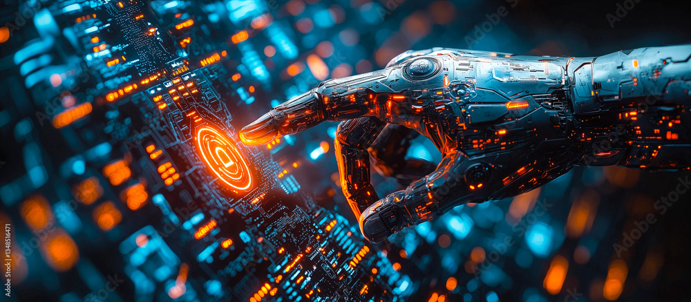 Poster a robot hand points towards a holographic display showcasing cyber security symbols. the intersectio