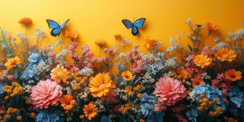 Colorful bouquet of flowers and butterflies on yellow background, vibrant spring summer gardening flat lay mockup