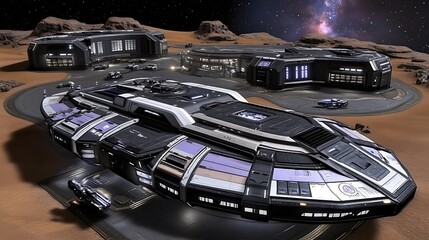 A Futuristic Spacecraft Resting on an Exterior Planetary Spaceport