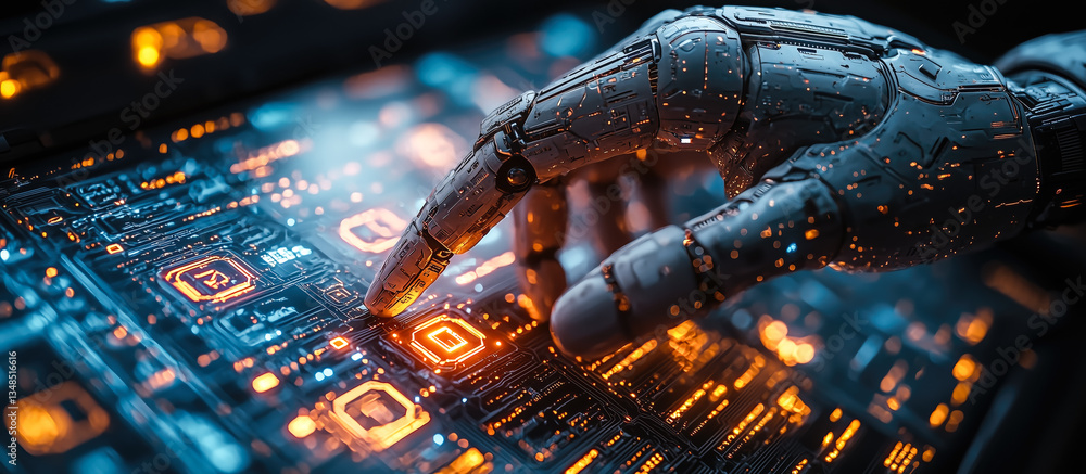 Poster a robot hand points towards a holographic display showcasing cyber security symbols. the intersectio