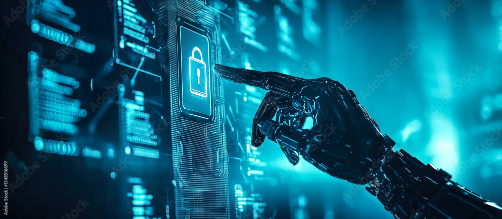 Poster a robot hand points towards a holographic display showcasing cyber security symbols. the intersectio