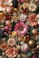 Luxurious Floral Arrangement with Jewels Pearls Gold Pink Green Background Poster Art Design