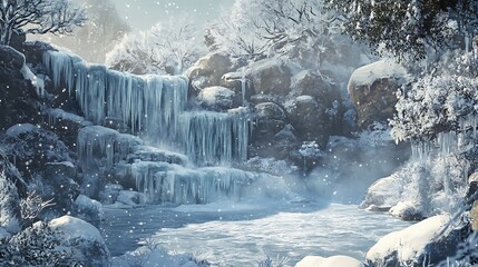 Frozen Waterfall Winter Wonderland Snowy Scene