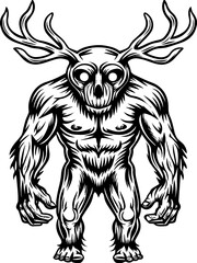 Fototapeta premium Mythological Demons legendary dark entities in SVG and vector format. Mystical humanoid creature with antlers and glowing eyes design