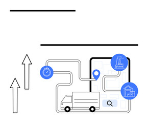 Delivery truck navigating route on digital map with location pin, stopwatch, and industrial buildings. Ideal for logistics, transportation, navigation, tracking, operations, delivery and efficiency