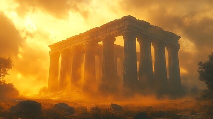 Obraz premium Sun setting behind Olympian temple columns high resolution photo