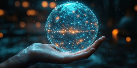 Futuristic Globe Supported by Hand with Geometric Network Nodes in Dark Background Concept for Global Data Technology and Innovation