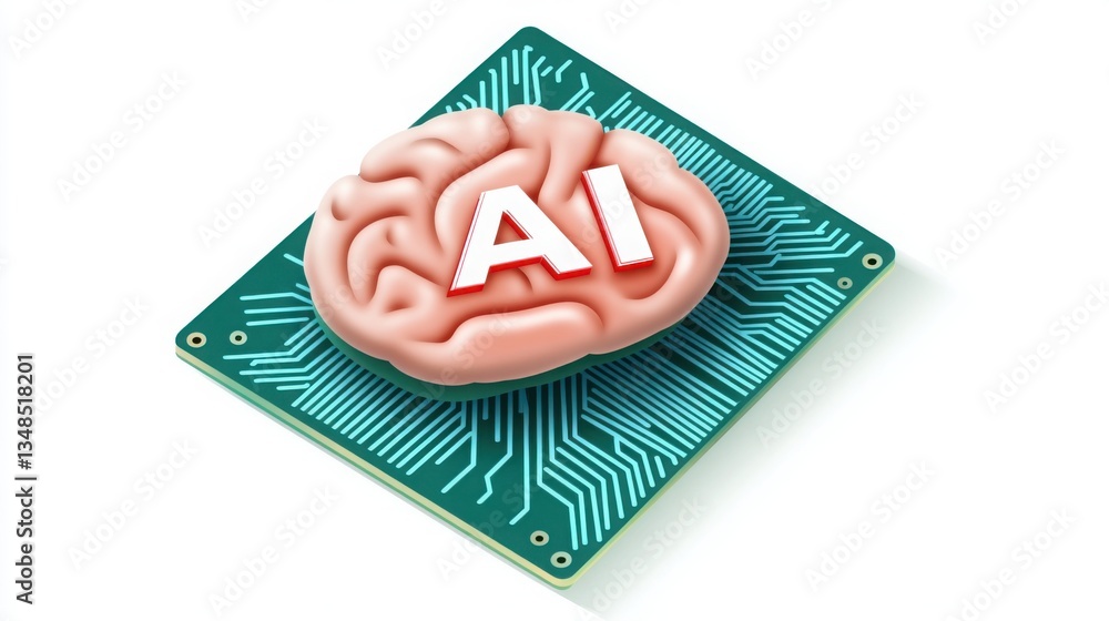 Poster artificial intelligence logo on top of a computer chip with a brain-like design and the letters 