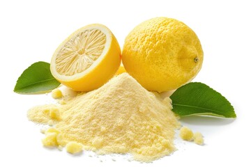 Lemon Powder Citric Acid Powder and Fresh Lemon Fruit Isolated on White Background