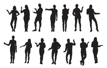 Set of black silhouettes of different people, men and women standing full length and pointing to the side and up with fingers and arms. Flat vector illustration isolated on transparent background