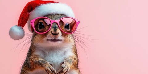 Obraz premium Cool Christmas Squirrel with Santa Hat and Sunglasses Funny Winter Animal Greeting Card