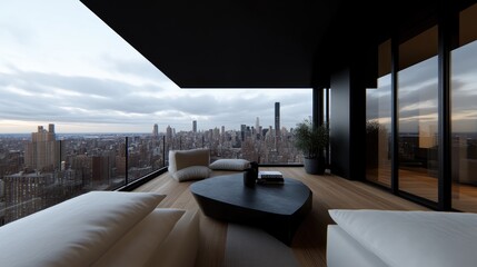 Fototapeta premium Modern penthouse balcony overlooking city skyline