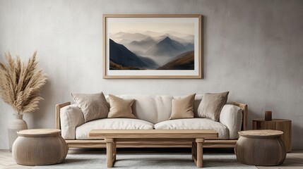 Neutral living room with wooden furniture and mountain artwork