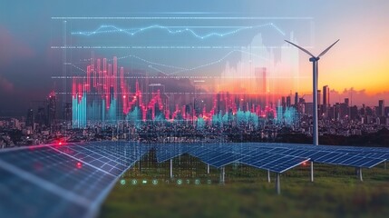 Digital Illustration of Wind Turbines and Solar Panels in Open Field with Glowing Graphs Rising in Clear Blue Evening Sky, Symbolizing Sustainable Energy Growth and Green Technology Innovation
