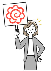 花丸マークのパネルを掲げるスーツの女性