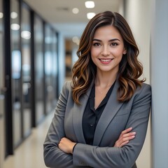 Fototapeta premium Una mujer de negocios con los brazos cruzados en su oficina. Una mujer de negocios con poses confiables y traje.