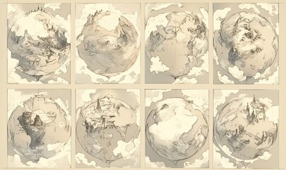 Pencil sketch of a fantasy world map with nine uniquely connected continents, characterized by varied terrain and a mysterious atmosphere