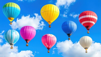 Fototapeta premium Colorful Hot Air Balloons Flying High in a Bright Blue Sky with Fluffy White Clouds