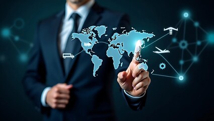 Executive Engaging with Futuristic Holographic Interface Showcasing Global Logistics, Smart Supply Chain Solutions, and Advanced Digital Connectivity